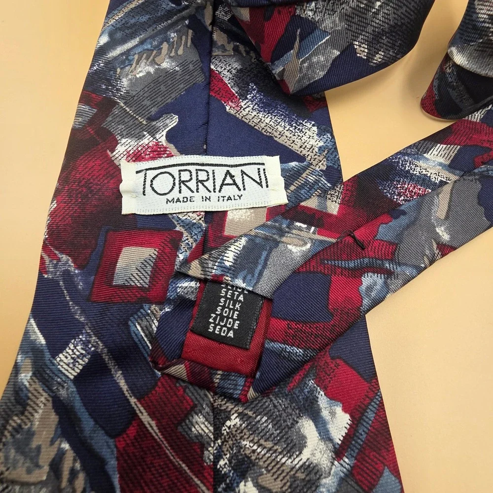 Torriani Mens Silk Tie Abstract Geometric Navy Blue Burgundy Grey Made in Italy